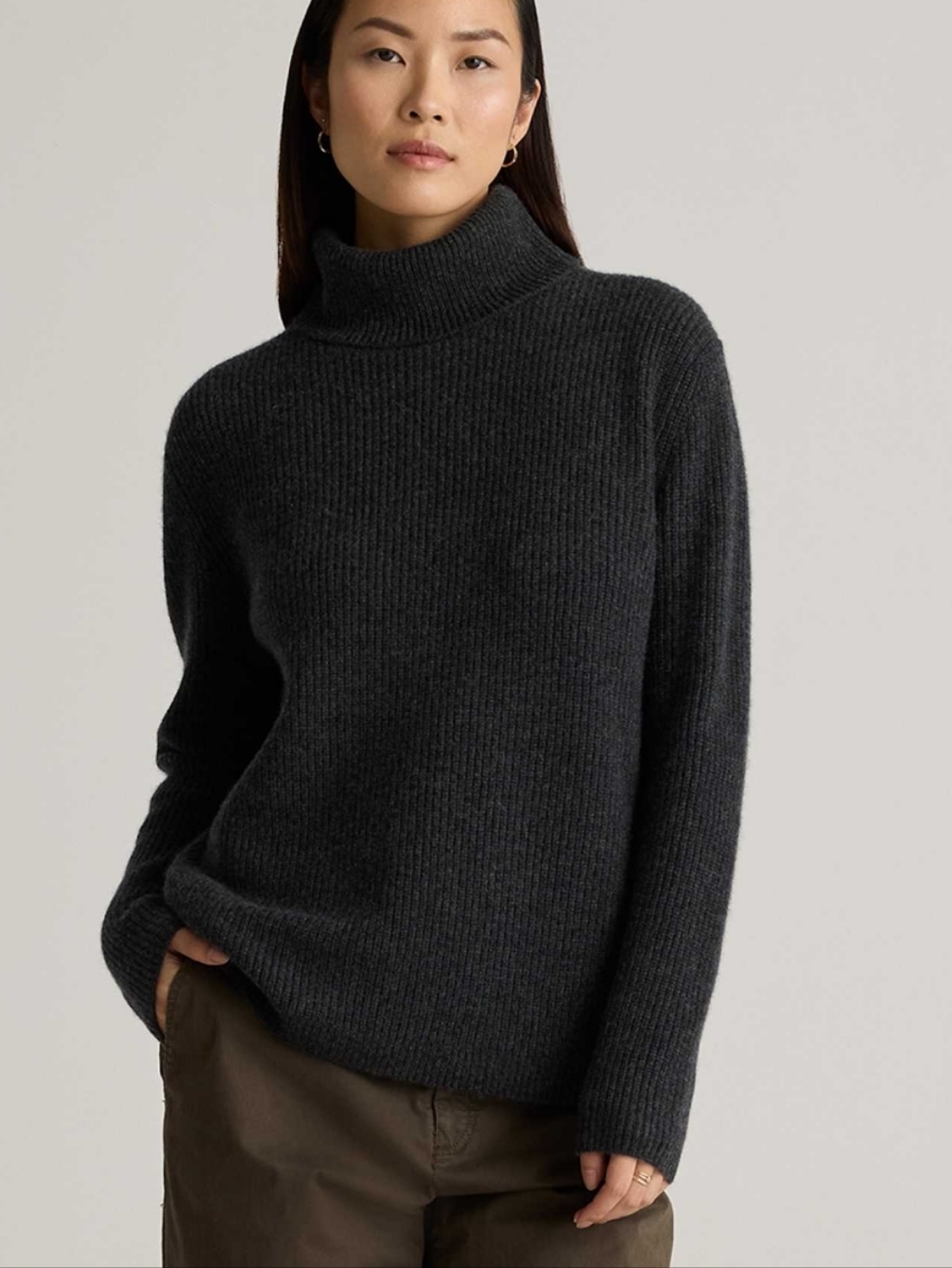 Quince Mongoloan Cashmere Fisherman Turtleneck Sweater In Heather Charcoal